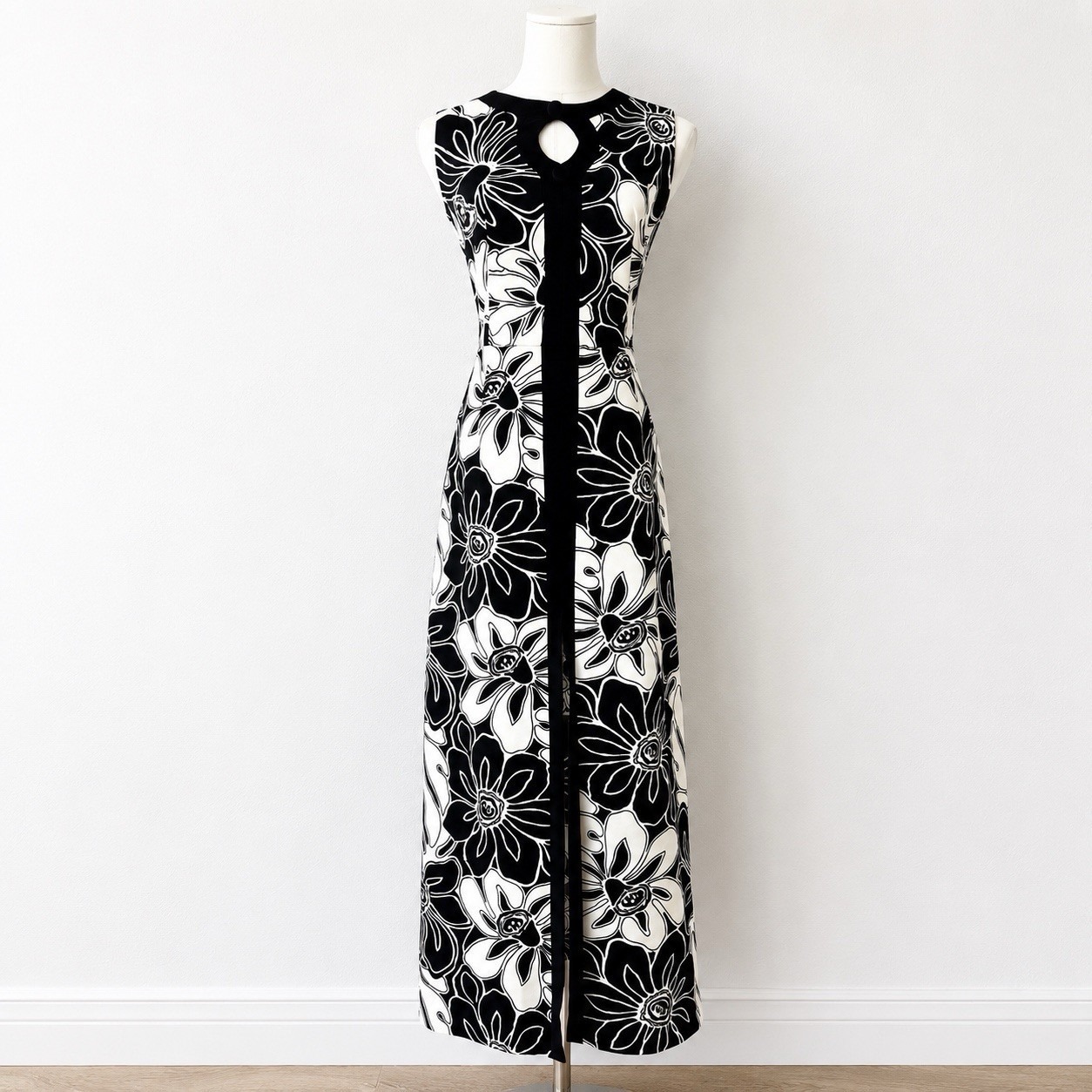 Vintage Black And White Mod Maxi Dress Size Large Floral Hawaiian Tiki Sz Large